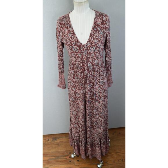 Faherty Dress Womens XS Lakeview Boho Floral Maxi Smocked Cuffs India V Neck - Picture 1 of 7